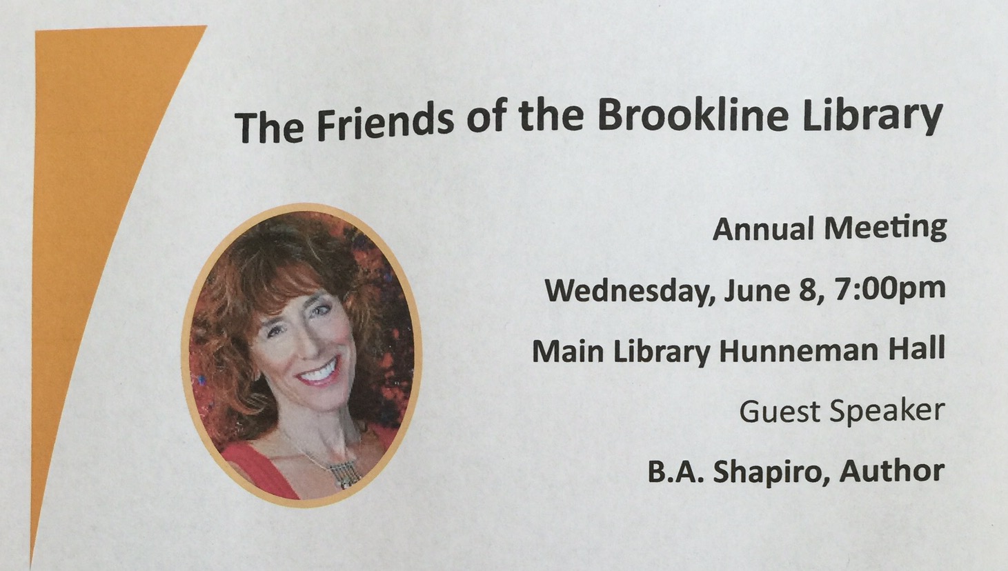 BA Shapiro, Author, guest speaker at the Friends of the Brookline Library Annual Meeting, June 8